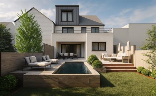 maison avec jardin, terrasse, salon de jardin et piscine