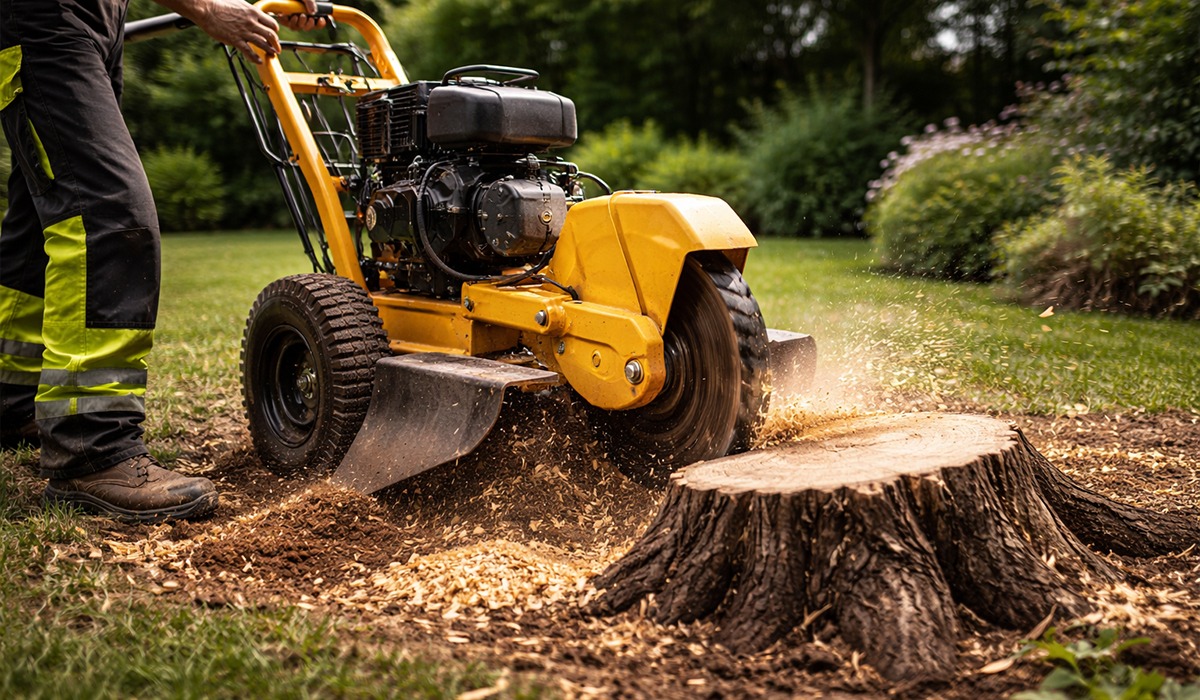 rognage d’une souche dans un jardin à Rennes